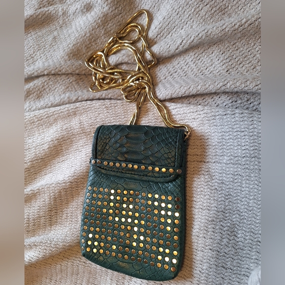 REBECCA MINKOFF Green Croco Print Leather Button Studded Crossbody Phone Bag - Picture 5 of 7